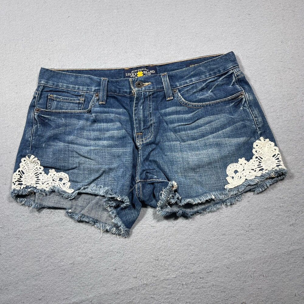 Lucky Brand Shorts Women 29 Distressed Cutoff Denim Lace Trim Blue Jean Y2K